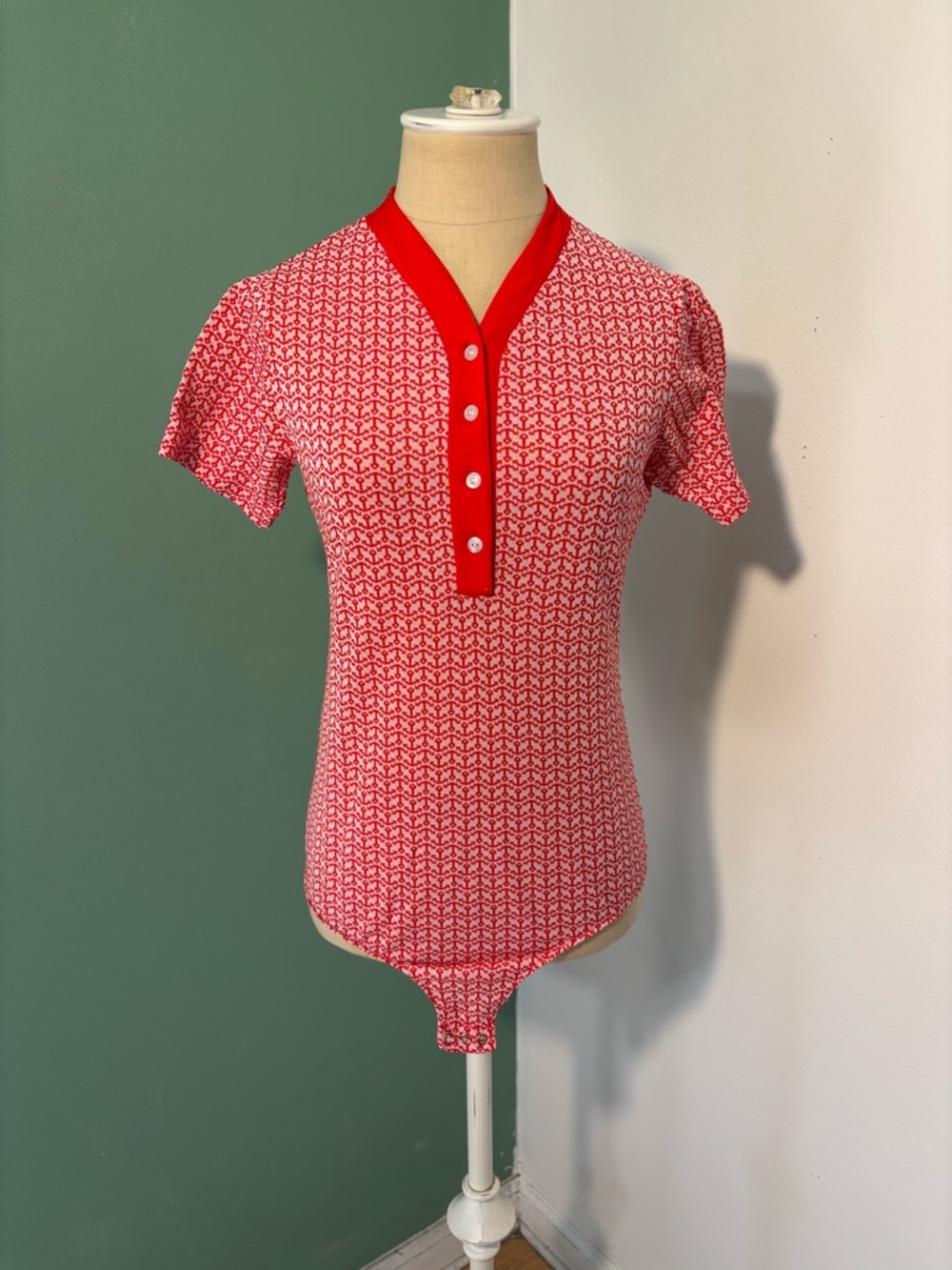 Vintage 1970’s Red Sailor Print Short-Sleeve Polo Bodysuit Leotard